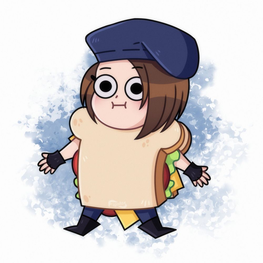 Jill Valentine wearing a sandwich costume - art by @figofox.bsky.social