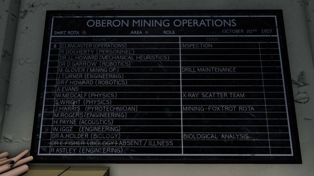 Atomfall screenshot of a chalkboard with several names and roles, with 'R. Astley' written at the bottom.