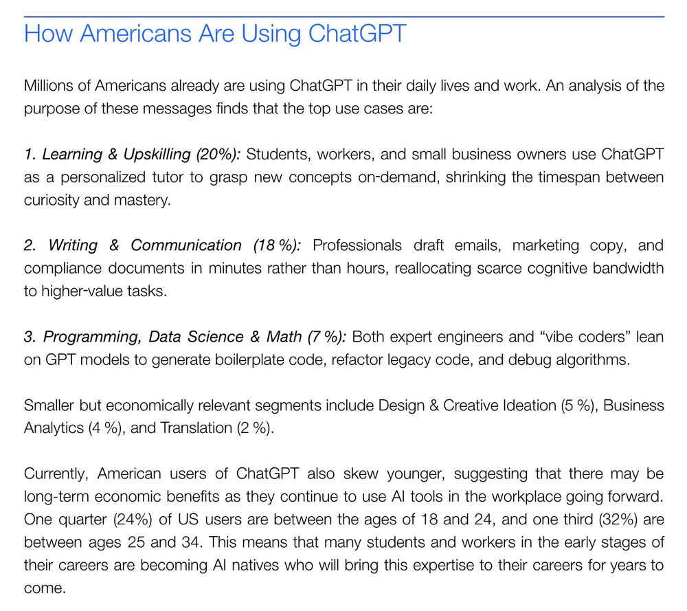 How Americans Are Using ChatGPT
Millions of Americans already are using ChatGPT in their daily lives and work. An analysis of the
purpose of these messages finds that the top use cases are:
1. Learning & Upskilling (20%): Students, workers, and small business owners use ChatGPT
as a personalized tutor to grasp new concepts on‑demand, shrinking the timespan between
curiosity and mastery.
2. Writing & Communication (18 %): Professionals draft emails, marketing copy, and
compliance documents in minutes rather than hours, reallocating scarce cognitive bandwidth
to higher‑value tasks.
3. Programming, Data Science & Math (7 %): Both expert engineers and “vibe coders” lean
on GPT models to generate boilerplate code, refactor legacy code, and debug algorithms.
Smaller but economically relevant segments include Design & Creative Ideation (5 %), Business
Analytics (4 %), and Translation (2 %).
Currently, American users of ChatGPT also skew younger, suggesting that there may be
long-term economic benefits as they continue to use AI tools in the workplace going forward.
One quarter (24%) of US users are between the ages of 18 and 24, and one third (32%) are
between ages 25 and 34. This means that many students and workers in the early stages of
their careers are becoming AI natives who will bring this expertise to their careers for years to
come.