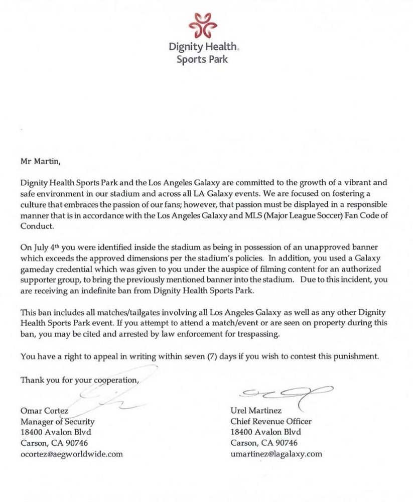 A letter from LA Galaxy front office stooge and security manager handing down an indefinite ban on Adan for bringing in a banner that was too large.
