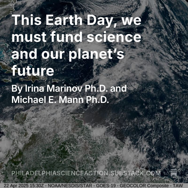 satellite photo of the Atlantic Ocean with the article title, "This Earth Day, we must fund science and our planet's future."