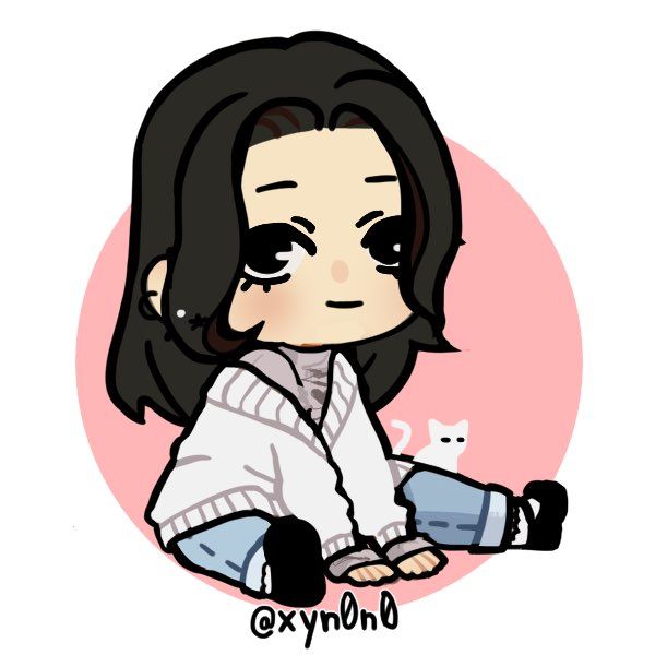 A girl and her white cat sitting on the ground. She has medium length black hair with long bangs framing  her face. Her black eyes are looking at the viewer, and she is very slightly smiling. She is wearing a white cardigan, mauve long sleeve top, blue jeans, white socks, black Mary Jane shoes, and multiple ear piercings.