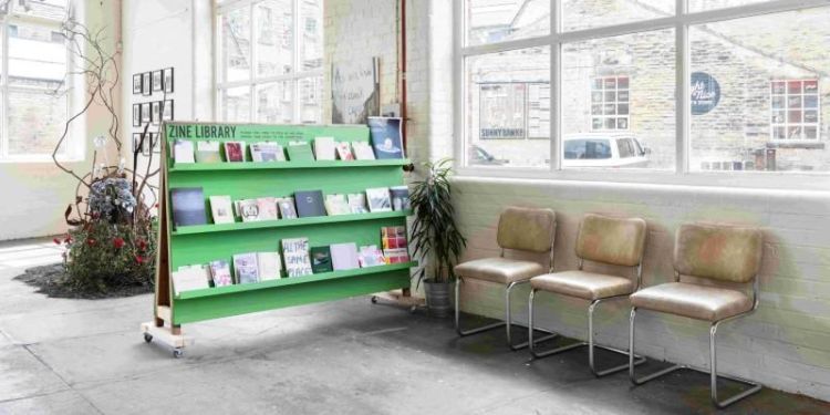 Zine Library at the Many Hands exhibition, Sunny Bank Mills, Leeds. Photo by Harry Meadley.