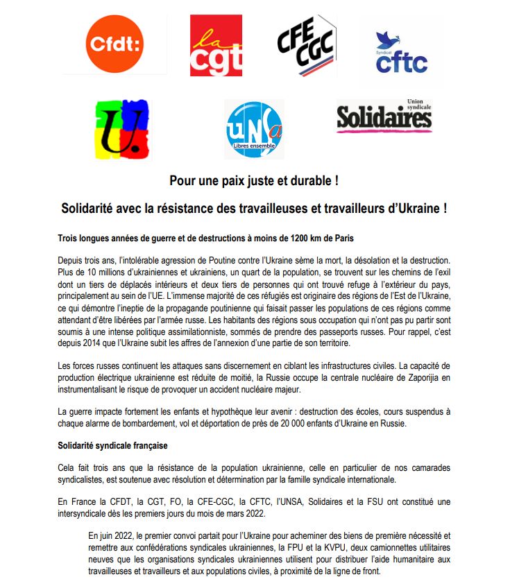 Communiqué intersyndical : Pour une paix juste et durable ! Solidarité avec la résistance des travailleuses et travailleurs d’Ukraine ! (page 1)