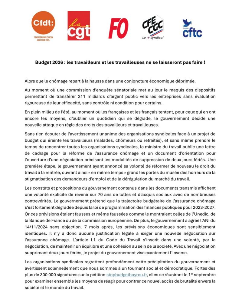 Communiqué de presse intersyndical (CFDT, CGT, FO, CFE-CGC, CFTC) publié le 9 août 2025. Budget 2026 : les travailleurs et les travailleuses ne se laisseront pas faire !  