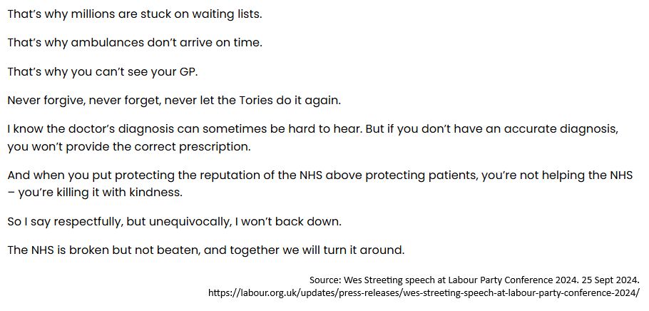 Comments from the Secretary of State for Health and Social Care, Wes Streeting, at the Labour Party Conference on 25th September 2024 - around the time this survey was conducted. He said:

"Millions are stuck on waiting lists... ambulances don't arrive on time... you can't see your GP... The NHS is broken but not beaten, and together we will turn it around."
