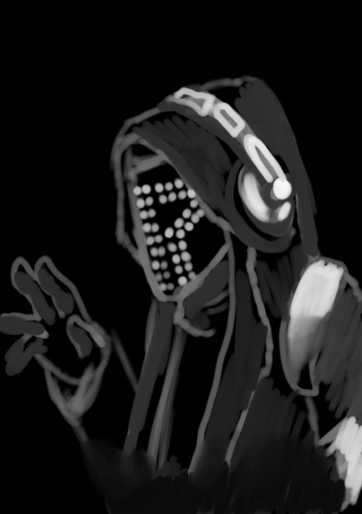 A greyscale picture of the band mascot Apoc of Smash into pieces.