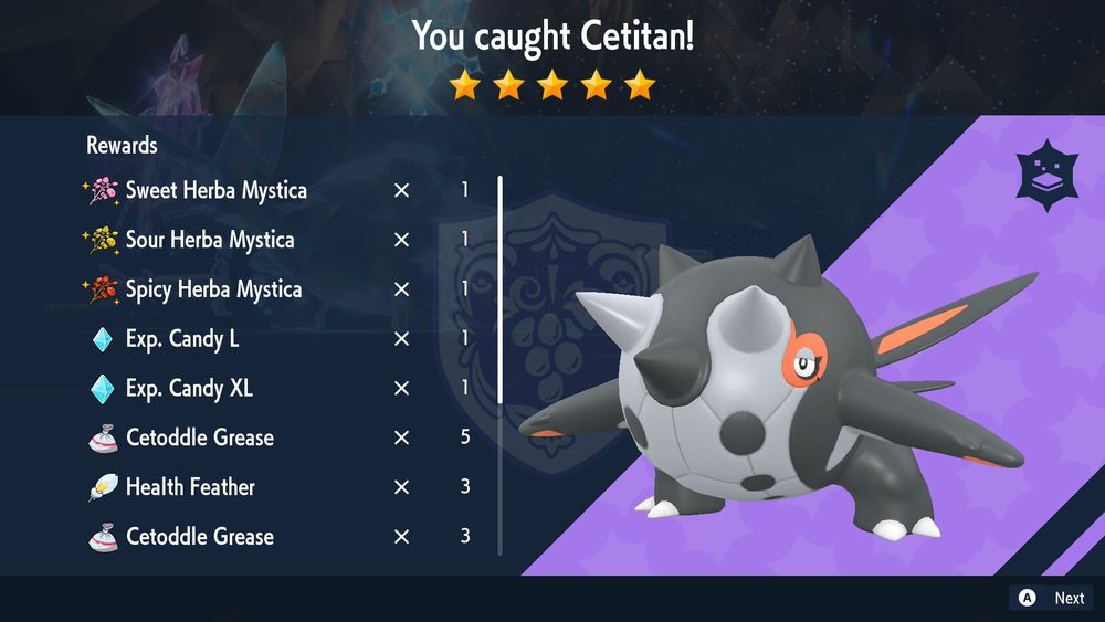 A screenshot from Pokémon Violet showing a caught shiny Cetitan and lots of gained items