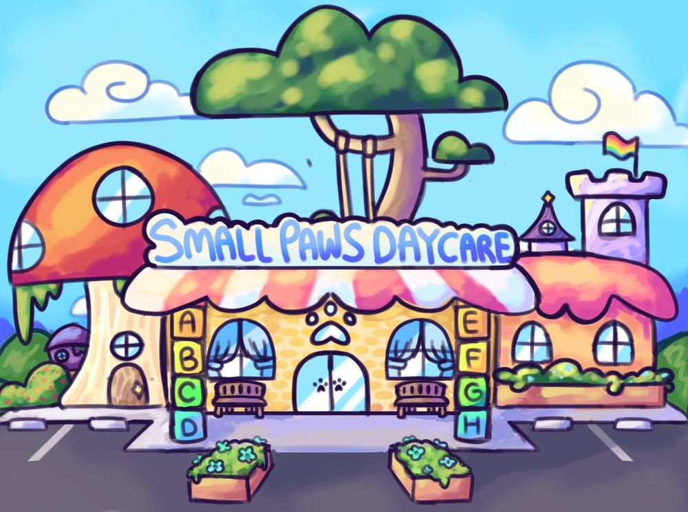 a digital drawing of the front of a daycare. it is brightly colored and fantastical, with a mushroom shaped building to the right, a large tree in the back, and castle towers to the left. the sign reads "small paws daycare" the sky is blue with a few clouds. the piece is cartoony and heavily rendered.