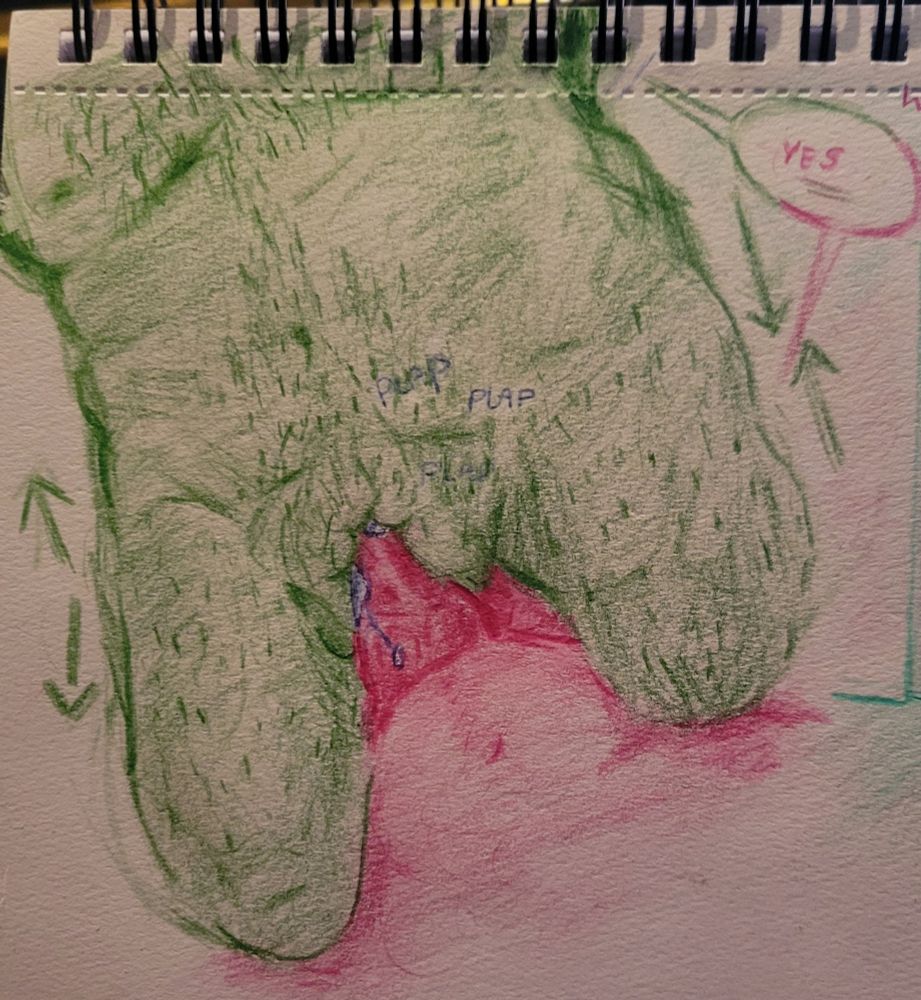 Spock with vulva-like anatomy receiving penetration in the cowgirl position resting his knes on either side of kirks tummy. There are arrows on the side of the drawing denoting up and down movement. The same speech bubble is present as before.