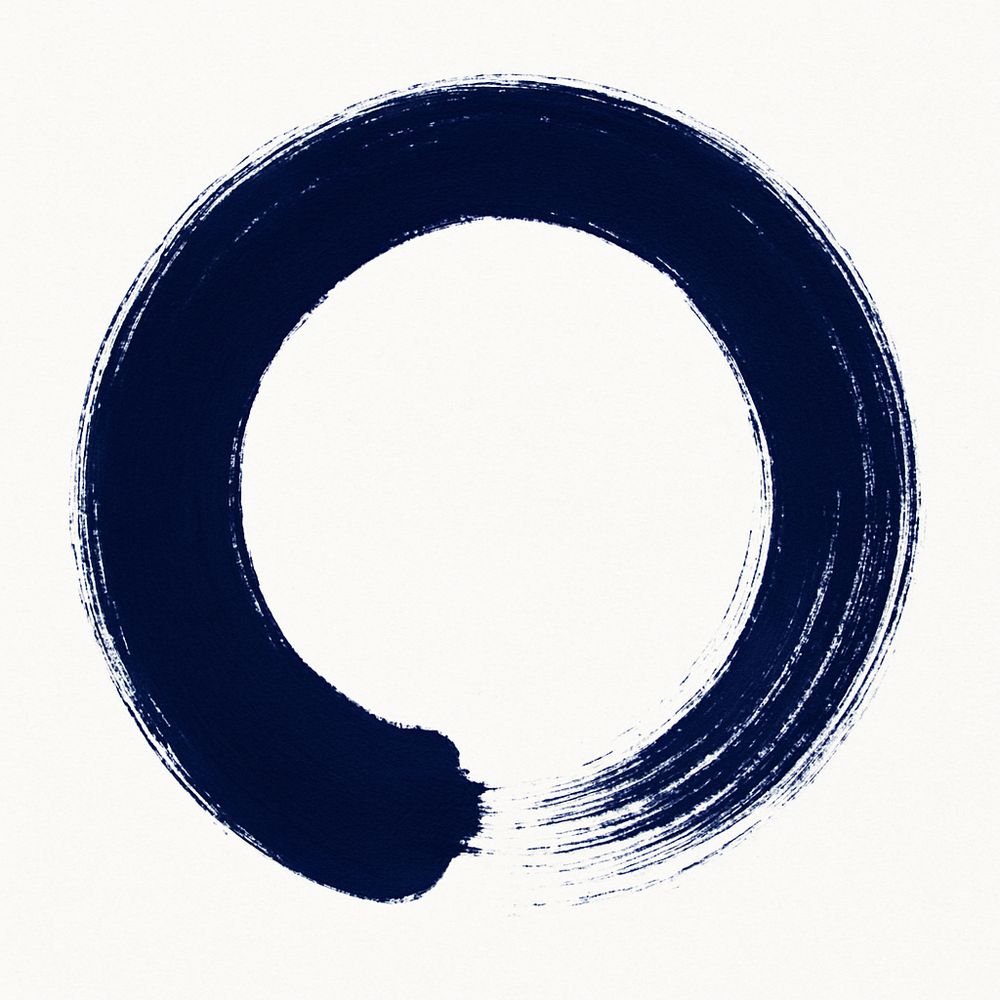 A dark blue hand-painted Enso circle on a white background. The brushstroke is thick, expressive, and slightly uneven, with a small gap where the circle doesn't fully close—symbolizing imperfection, openness, and the beauty of the present moment in Zen tradition.