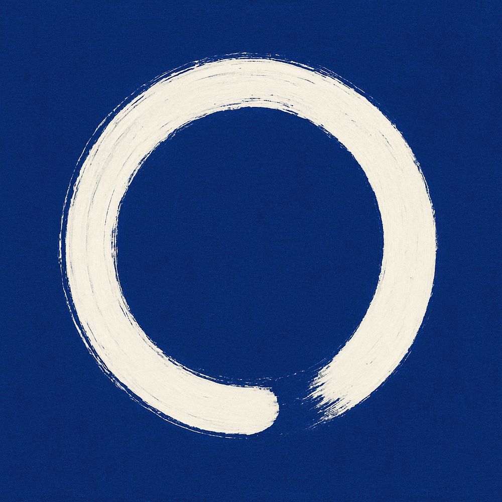 A traditional Enso painting features a bold white brushstroke forming an open circle against a rich royal blue background. The brushstroke is slightly textured and imperfect, symbolizing the beauty of impermanence and the flow of life.