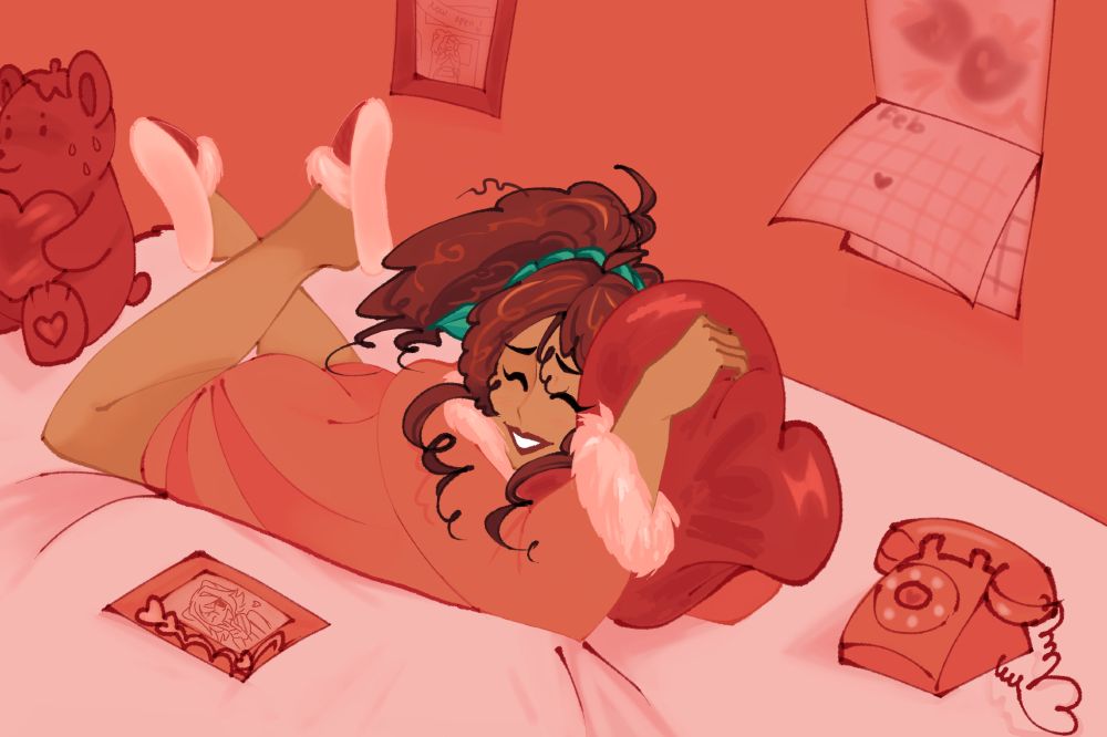 Miss Strawbebe clutching a red heart pillow on her pink bed. There's a pink telephone next to her, as well as a framed photo of Hampster lady. The calendar on her wall is on February with the 14th marked with a heart. She is wearing a pink satin robe with fuzzy cuffs and pink fuzzy slippers. Her curly hair is tied up into a pony tail.