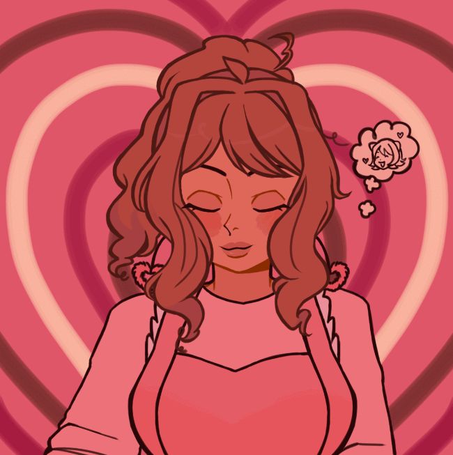 A still frame from a gif. It's of Miss Strawbebe, an OC with a cute pony tail style, her hair is shown as brown here. She has a cute closed eye expression with a lot of blush, she's thinking of Hampster Lady. Bebe is wearing a pink apron and a pink long sleeve top, as well as pink fuzzy heart earrings. The background is a pink heart pattern. 