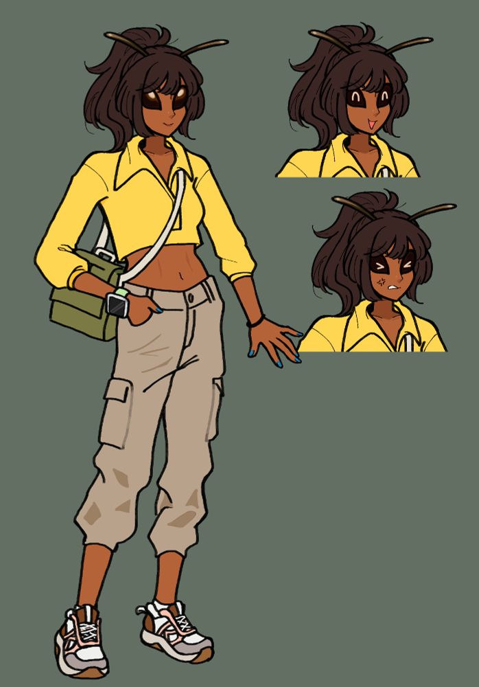 A bee kemonomimi with black hair tied up in a messy pony tail. She has bee antennae and bee like eyes. Her skin is a darker tan, she has a slim and fit build. She's wearing a yellow crop top long sleeve with a big collar, beige cargo joggers, and light brown running shoes. She also has a green slung bag and a green smart watch.  