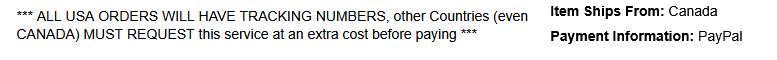 Screenshot of a CD listing stating "ALL USA ORDERS WILL HAVE TRACKING NUMBERS, other Countries (even CANADA) MUST REQUEST this service at an extra cost before paying". The item SHIPS FROM CANADA.