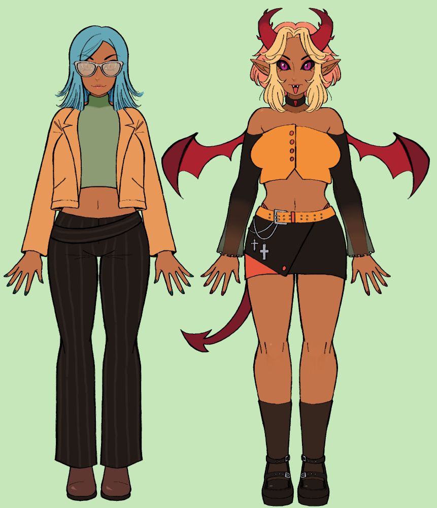 Tasia's human form on the left: tan skin, brown eyes, blue shoulder length hair, brown sunglasses, tan jacket, green crop top and black pants.
Tasia's vampire form: tan skin, purple/black eyes, pink and blonde short hair, red spiky horns, black and orange crop top, black skirt and shoes, red devil tail and wings.