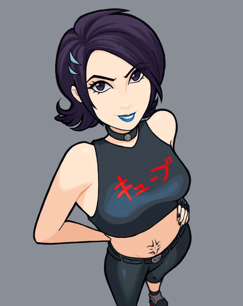 Cube from Jet Set Radio in a foreshortened angle. She's got a mischievous smile while holding one hand behind her back, with her other hand on her hip. She's wearing a black sleeveless crop top and black pants. 