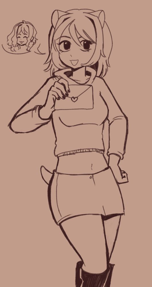 A sketch of Hampster Lady in a crop top hoodie, jean skirt, and black knee high boots. She's holding a love letter with a heart on it. There's a speech bubble with different faces appearing - but this site doesn't handle gifs yet so I have no idea who's face it is.