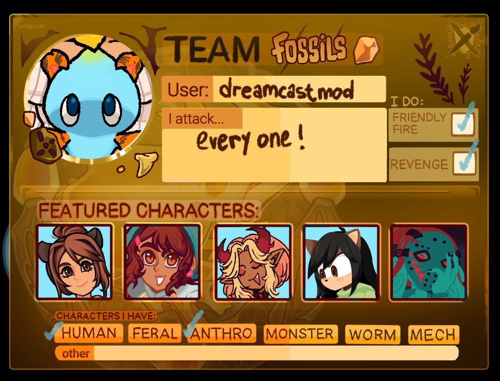 Team Fossils artfight profile card filled out with my OCs.