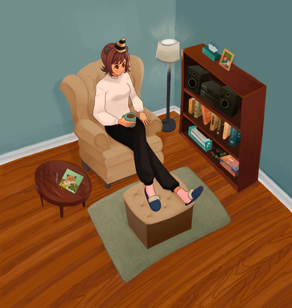 My OC, Hampster Lady, in a white sweater and black sweatpants wearing blue slippers and a black and gold party hat. She's holding a cup of coffee in her hand as she sits in a recliner, her feet are on an ottoman. There is a 2025 calendar on a mahogany coffee table next to her. She is sitting next to her wooden bookcase that holds her sound system, books, a case full of CDs and board games. There is a tissue box and a framed photo of her and her friend Bebe on top of the bookcase.