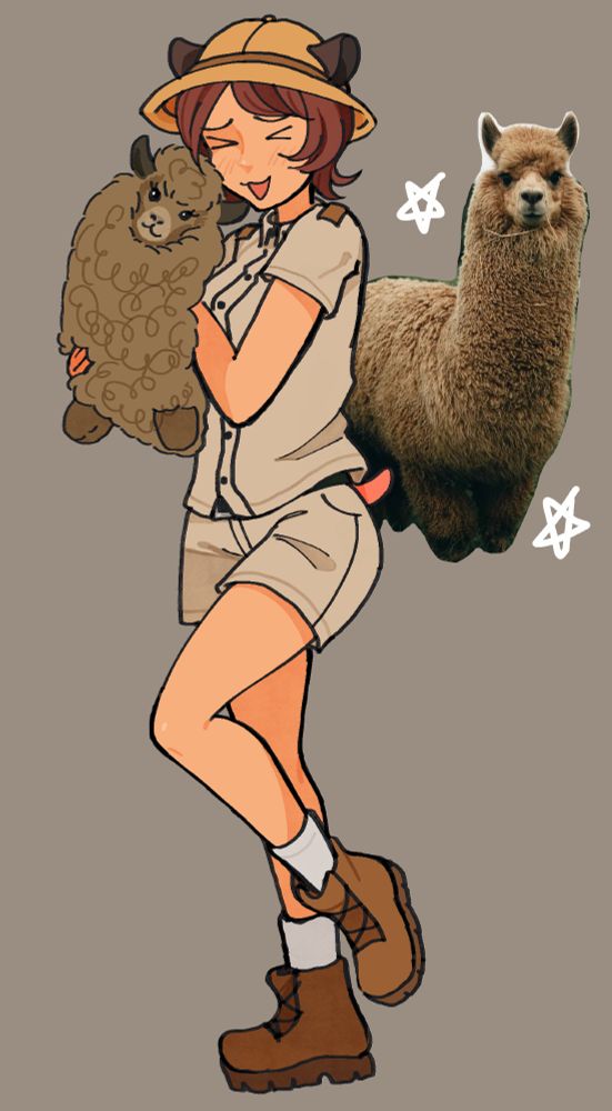 My original character Hampster Lady, a hamster kemonomimi, in a zoo keeper's outfit hugging a brown alpaca plush. Her expression is a tight closed eyes with a happy cat mouth look :3. She has one leg slightly bent up. There is a photo of a real brown alpaca next to Hampster Lady.