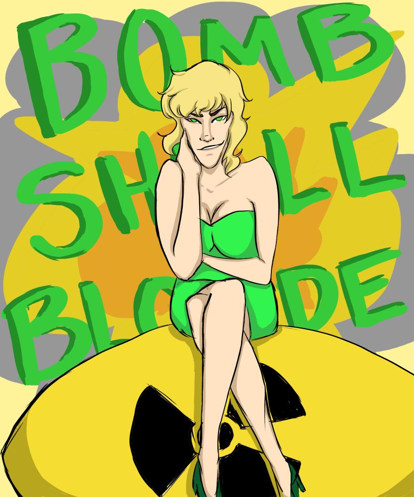 Blond woman sitting on a yellow nuclear bomb dug into the ground. Background is a colorful explosion graphic with the words “Bomb Shell Blonde” written over it