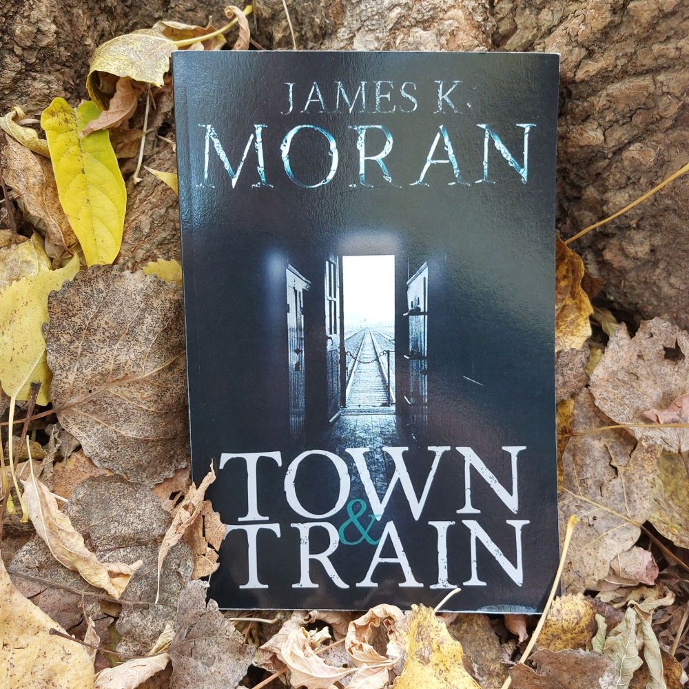 Cover of book: Black, blue and grey interior of a train car. Title: James K. Moran. Town & Train