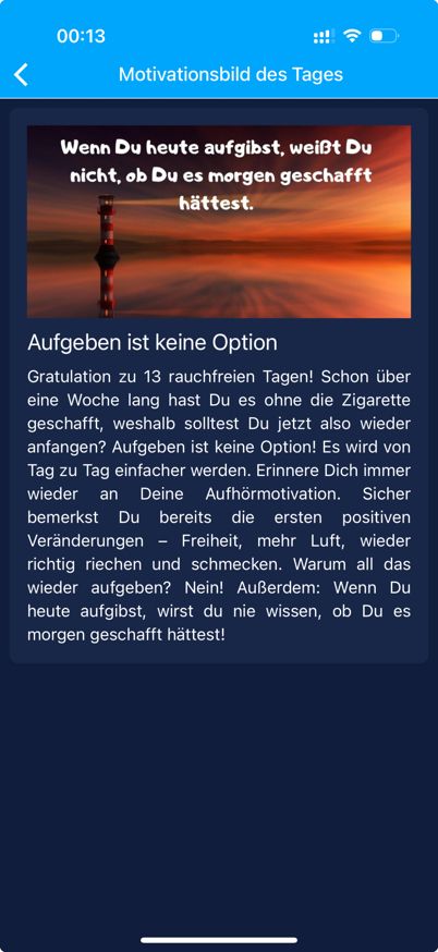 Mein Motivationsbild zu 13 Tagen Rauchstopp: Leuchtturm links mit rotem Sonnenuntergang rechts und Spruch: “Wenn du heute aufgibst, weißt du nicht, ob du es morgen geschafft hättest.”