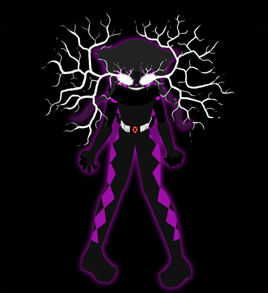 Godhead Z from Psycholonials in silhouette form like seen in the comic with glowing eyes spreading lightning across the transparent background.