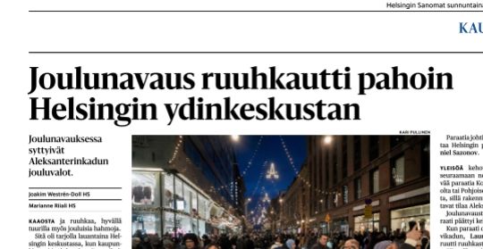 HS:n otsikko "Joulunavaus ruuhkautti pahoin Helsingin ydinkeskustan" alaotsikossa pienellä varsinainen asia "Joulunavauksessa syttyivät Alekstanterinkadun jouluvalot".