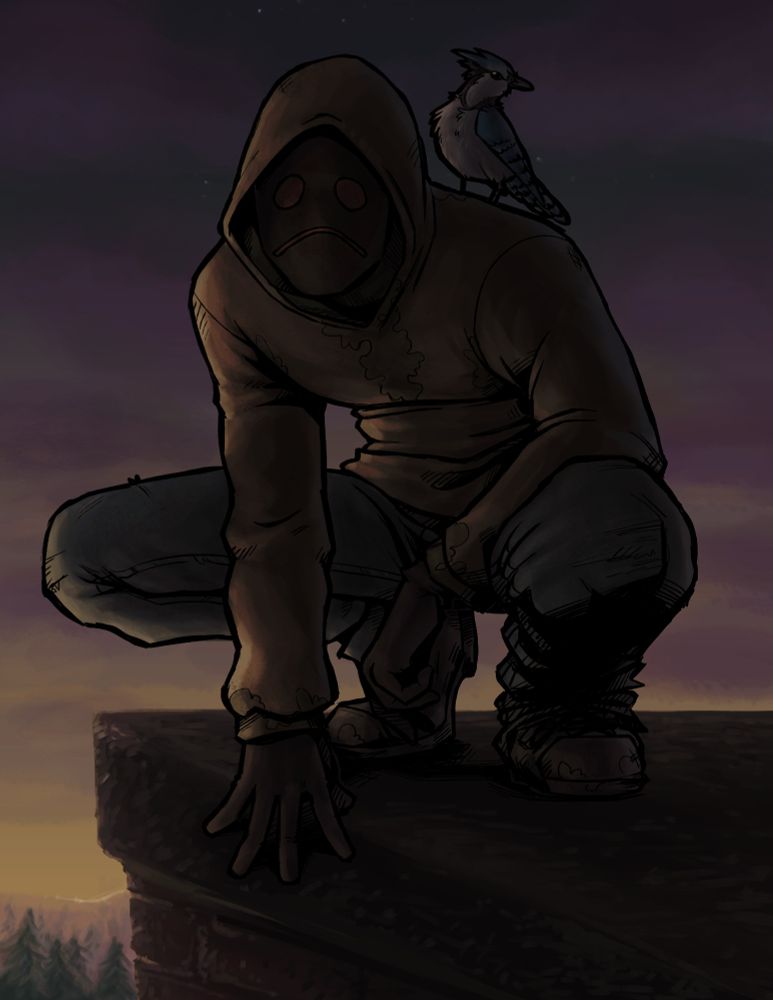 an illustration of Hoody A-K-A Brian Thomas from Marble Hornets. He is crouched on what appears to be the rooftop of a brick building. There are trees in the background and the sky is hazy with shades of either a sunrise or sunset. A few stars are visible through the clouds. Hoody has a bluejay perched on his left shoulder.