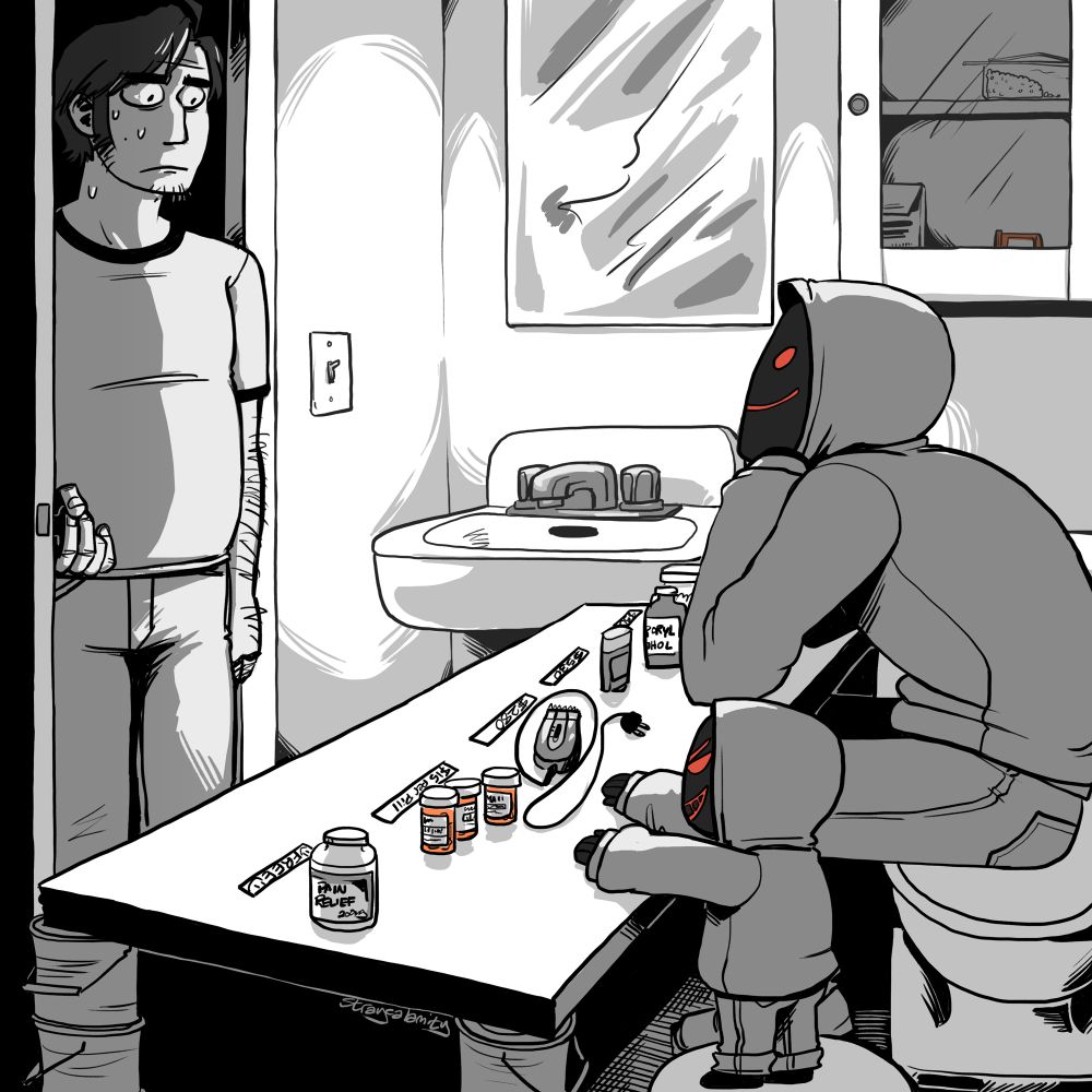 A black and white illustration of Tim Wright from Marble Hornets walking into his own bathroom with a look of confused concern on his face and his hand still on the doorknob. In front of him is a thrown together make-shift table, formed by a slab of wood over paint bucket towers as the legs. Upon it are various items that would belong in his bathroom, laid out as merchandise, including price-points, for him to buy back. Sat upon the toilet and leaning on his elbows, Hoody's mask has been changed to wear a cheeky smile. Alongside him, a much smaller version of Hoody, stands on a large overturned bucket and has his hands on the table. He has an evil grin on his mask. From left to right: Isopropyl Alcohol is $500, Deodorant stick is $530, Wired Electric Razor is $280, Tim's Anti-seizure medication and other medically prescribed things are $15 per pill, and the Ibuprofen at the end is free. There's also a smiley face drawn next to the 'Free'.