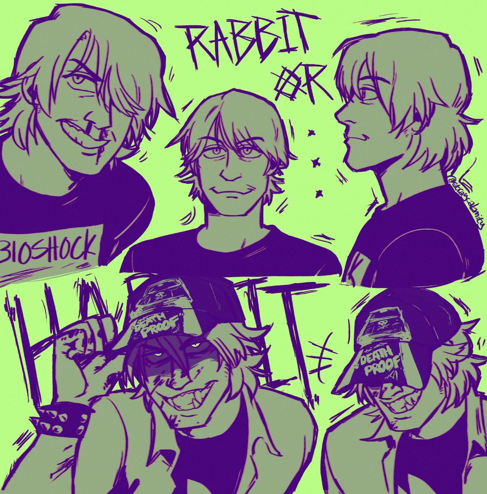 multiple illustrative busts of Evan Myers and Habit from the series EverymanHybrid. top left Evan is smirking while bleeding from the nose, top middle Evan is just wearing a neutral amused expression, top right Evan is a profile angle of a neutral expression. bottom left is Habit with a threatening grin and tipping his hat, bottom right is another Habit with the same grin, but this time the hat's brim is obscuring his eyes