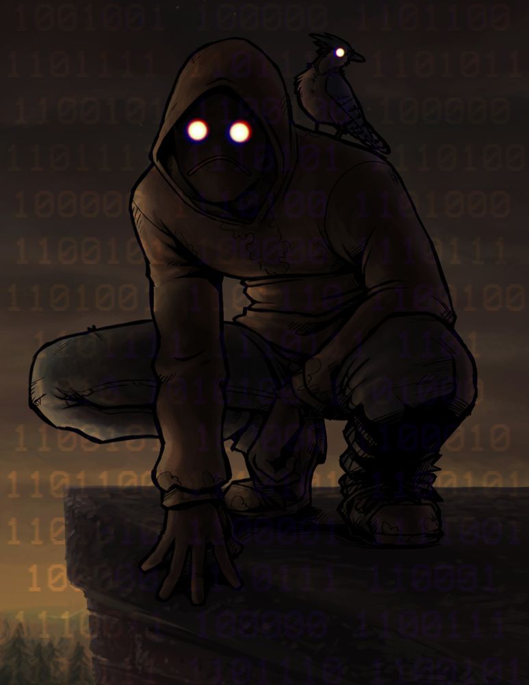 an illustration of Hoody A-K-A Brian Thomas from Marble Hornets. It's exactly like the first except the color scheme is a muddier yellow and also darker. He is crouched on what appears to be the rooftop of a brick building. Also both his eyes and the eye of the bluejay are whited out in a stark contrast to the rest of the image. Overlayed with low opacity on top of the whole piece is a string of binary code. It says "I looked out the window. The bluejay was gone." It's a reference to the fact that Jay Merrick passed away in the series. It was important to me to tie the two together since the duo of channels are the ones that tell the entire story so, to me, there is a significant bond between ToTheArk and Jay.