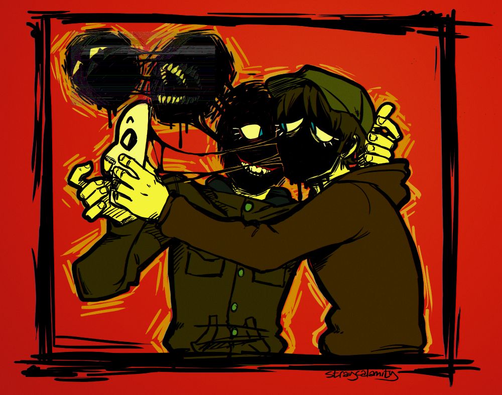 an illustration of Jay Merrick and Skully from Marble Hornets. both characters have their faces obscured in black shadow and Skully's is splitting off into two other heads, one screaming, and one looking down in fear. Jay is pulling the white mask Skully is known for away from his face, thick black sludge is pouring from the mask, their faces, and connecting in strings to Jay's face. He looks sorrowful whereas Skully seems eager. Skully also features Jay's features already with blue eyes and Jay's unique set of crooked teeth. Both Skully and their mask are looking towards Jay