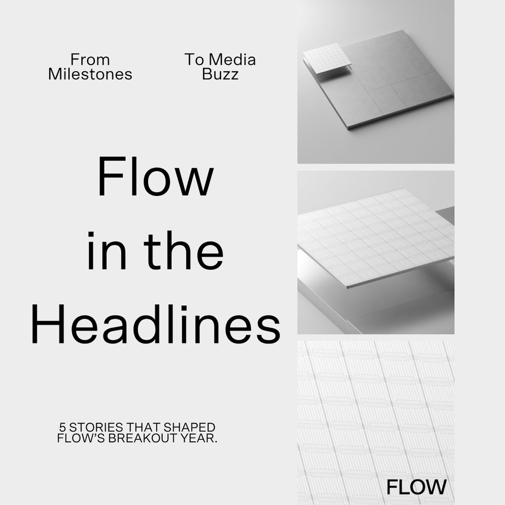 Minimalist grayscale slide featuring the title “Flow in the Headlines” centered in large text. The top left reads “From Milestones,” and the top right reads “To Media Buzz.” Three abstract images of chip-like textures appear on the right. Bottom caption reads “5 Stories That Shaped Flow’s Breakout Year.” Flow Computing logo in bottom right corner.
