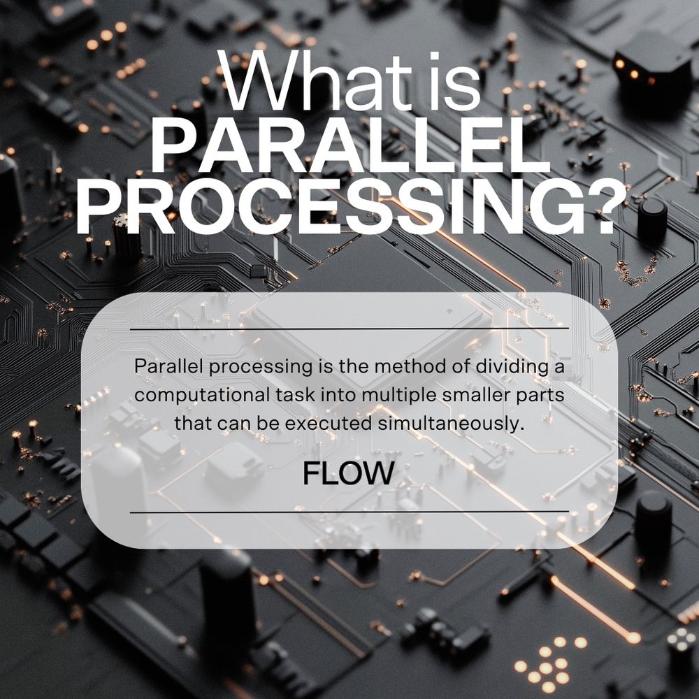 A stylized image of a dark computer circuit board with glowing copper lines. Overlaid text reads: "What is PARALLEL PROCESSING?" Below, a translucent box contains the definition: "Parallel processing is the method of dividing a computational task into multiple smaller parts that can be executed simultaneously." The word "FLOW" appears at the bottom.
