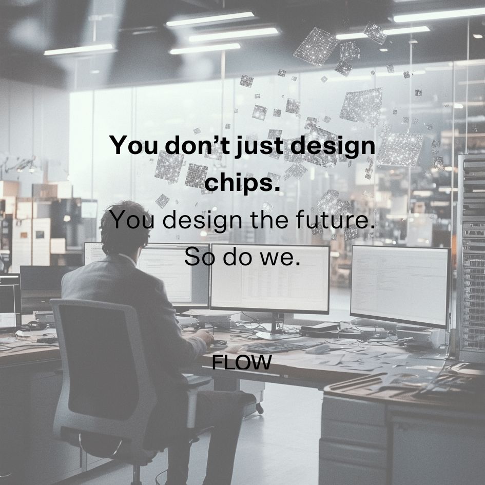 A person in a modern, high-tech office sits facing three computer monitors, surrounded by sleek desks and illuminated by overhead lighting. Digital chip designs float mid-air in a futuristic overlay. Overlaid bold text reads:
“You don’t just design chips.
You design the future.
So do we."
With Flow Computing logo at the bottom
