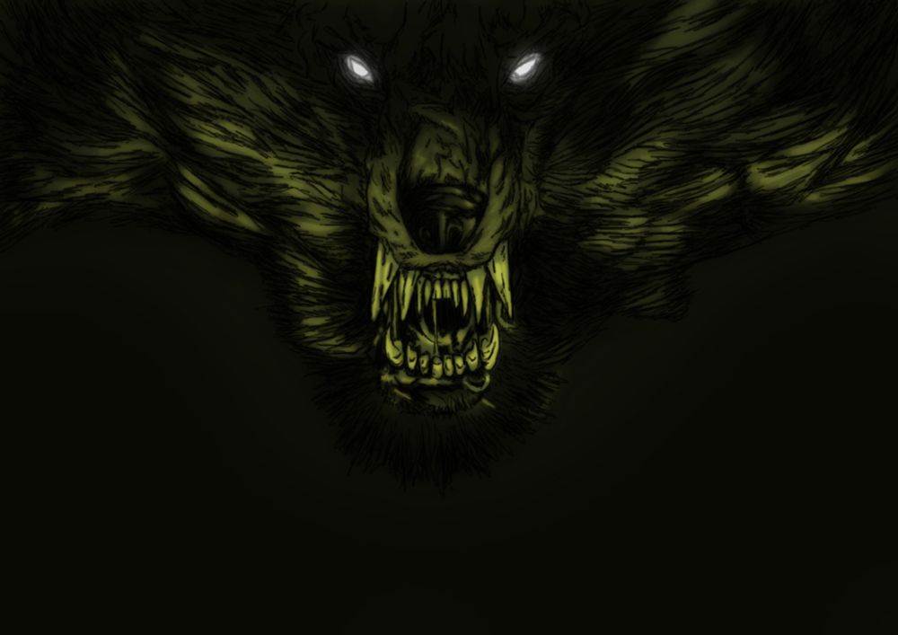 Big bad wolf looking into your eyes , it's scary with sharp teeth and percing eyes all of this in a green ue ( light )