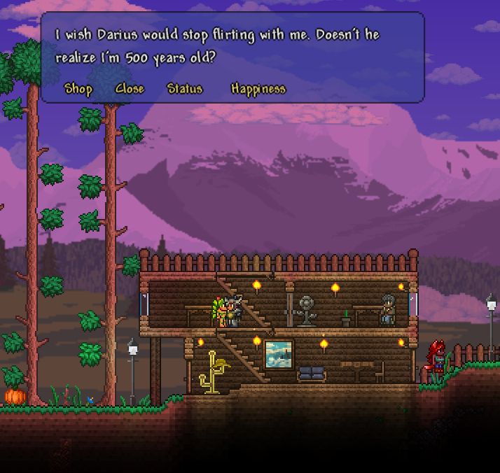 A screenshot of Terraria showing the druid in a home talking to the player character.

"I wish Darius would stop flirting with me. Doesn't he realize I'm 500 years old?"