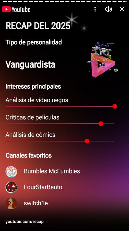 2025 RECAP

Personality type: vanguard

Main interests: 
- Game analysis
- Movie reviews
- Comic analysis

Favorite channels:
- Bumbles McFumbles
- FourStarBento
- Switch1e