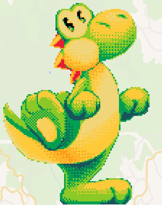 Yoshi with a paw raised up, bare with no boots, drawn on Geopixels