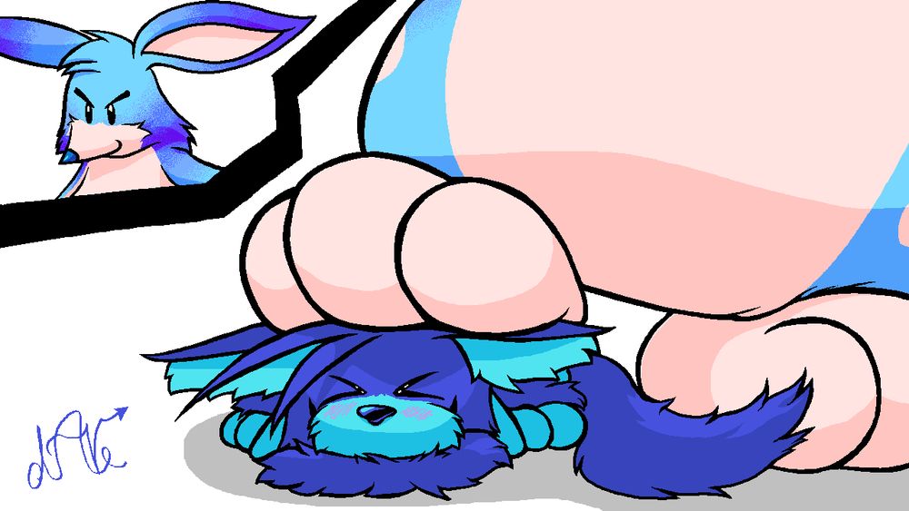 Blutoof getting stepped on gently by a particular blue Louie