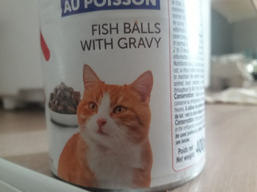 A tin of catfood with the words "fish balls in gravy" printed on the label...