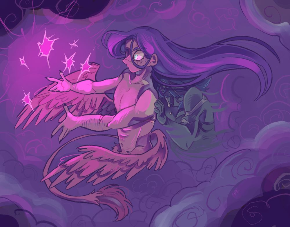 Béryl, a man with long blue hair looks has magic sparkles in his hands. He has wings and a lion tail. A woman (his mother) looks like a spirit and is crying. This is a digital piece with purples tones.