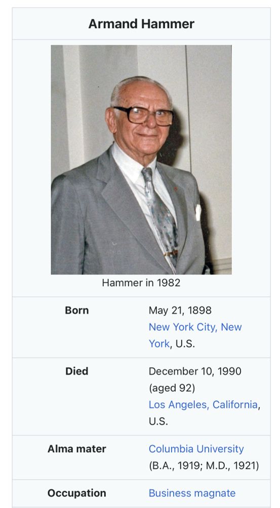 Armand Hammer’s Wikipedia page (just one space away from being Arm and Hammer, you see?)