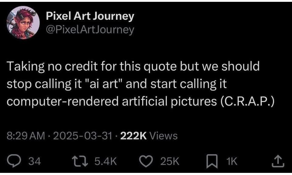 Picture of a post that says "Taking no credit for this quote but we should stop calling it 'ai art' and start calling it computer-rendered artificial pictures (C.R.A.P.)"