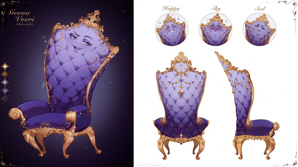 Anthropomorphic chair in several poses and different facial expressions to show off a live2d vtuber model. The chair has purple fabric with gold trim.