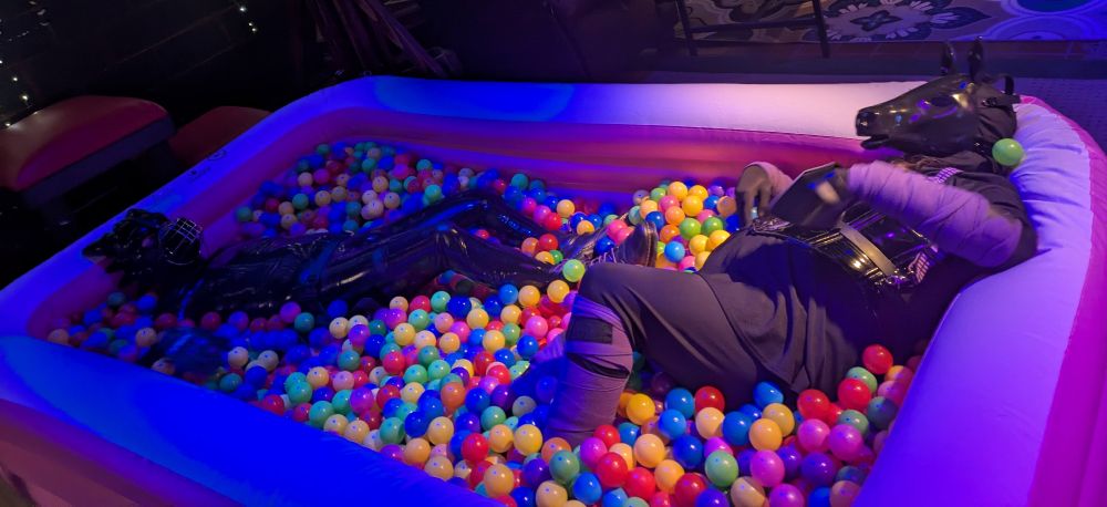 A rubber dragon and a black and purple pony in a dungeon ball pit
